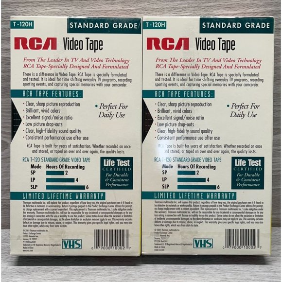 RCA 6 Hour VHS Video Tape T-120h Standard Grade Lot of 2 Blank New Sealed - Picture 2 of 6